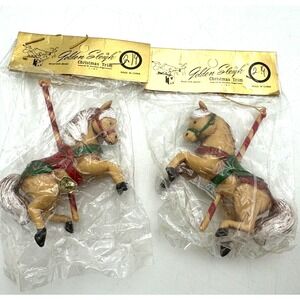 2 Vintage NOS Marathon Golden Sleigh Christmas Miniature Carousel Horse Ornament